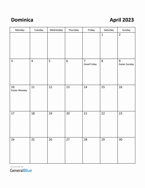 April 2023 Calendar with Dominica Holidays