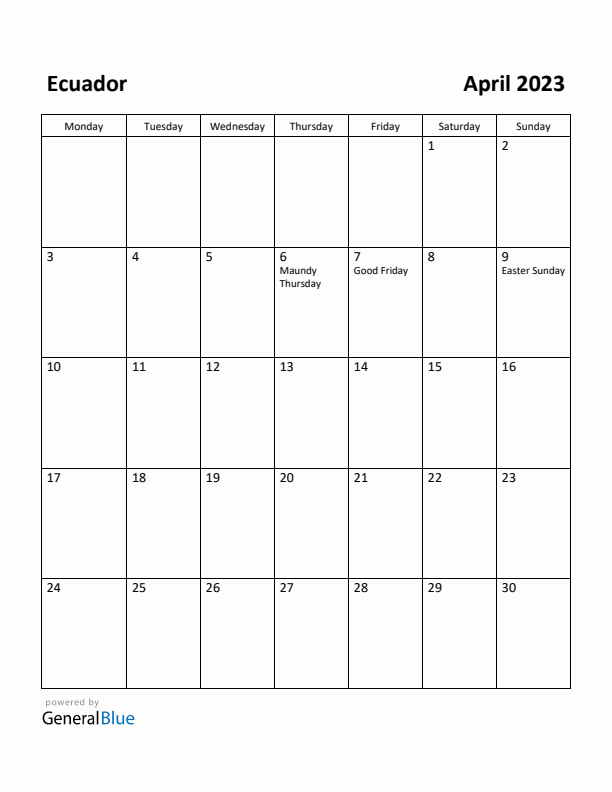 April 2023 Calendar with Ecuador Holidays