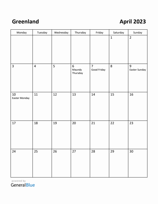 April 2023 Calendar with Greenland Holidays