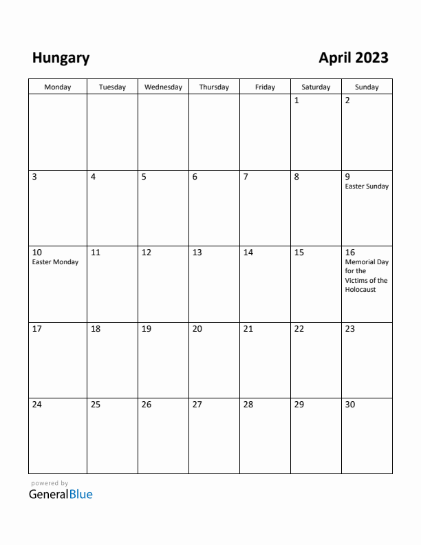 April 2023 Calendar with Hungary Holidays