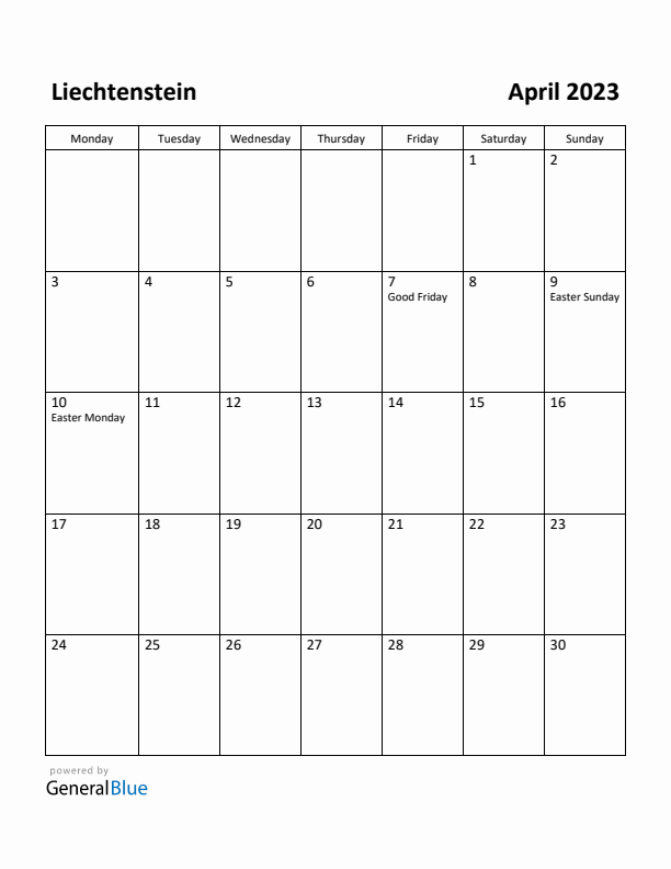 April 2023 Calendar with Liechtenstein Holidays