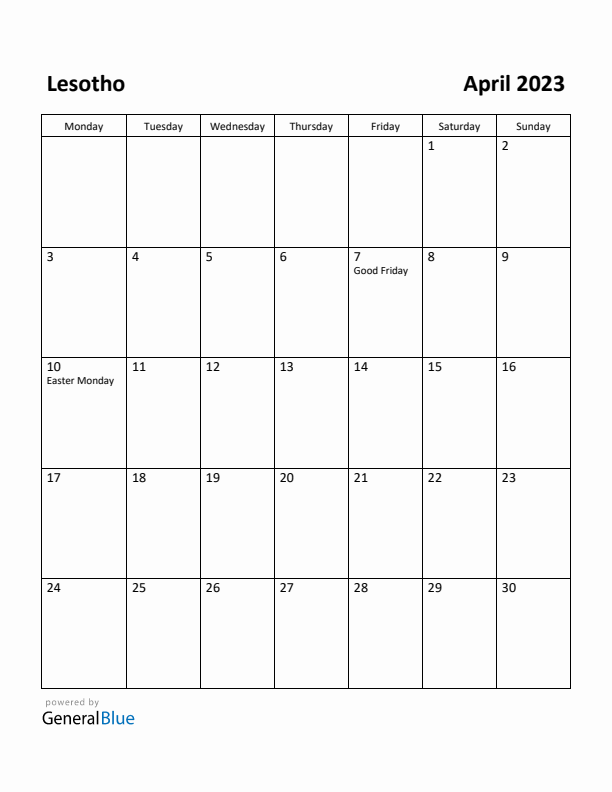 April 2023 Calendar with Lesotho Holidays