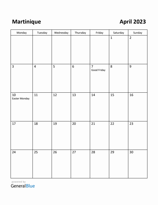 April 2023 Calendar with Martinique Holidays