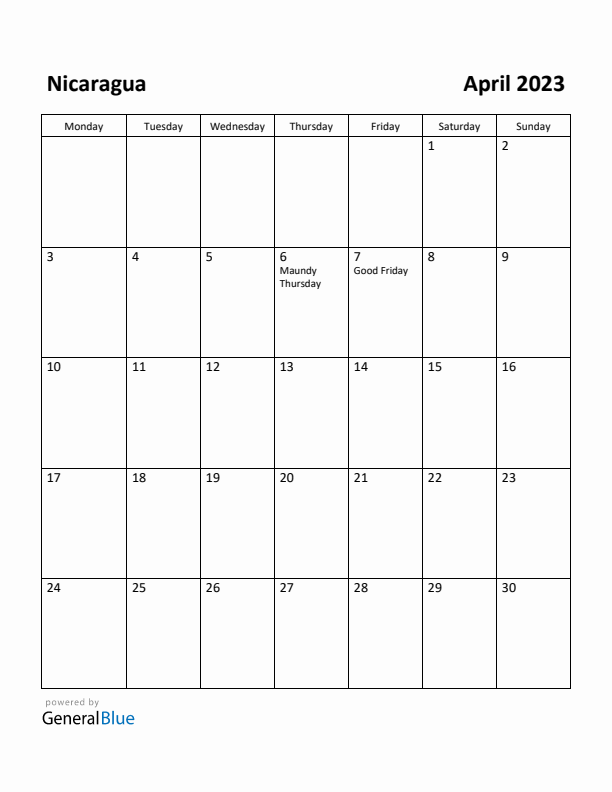 April 2023 Calendar with Nicaragua Holidays