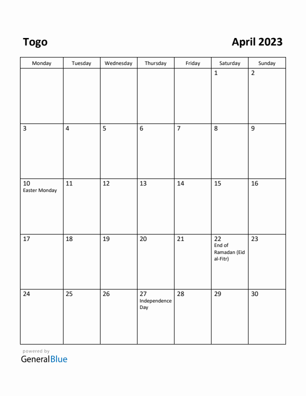 April 2023 Calendar with Togo Holidays
