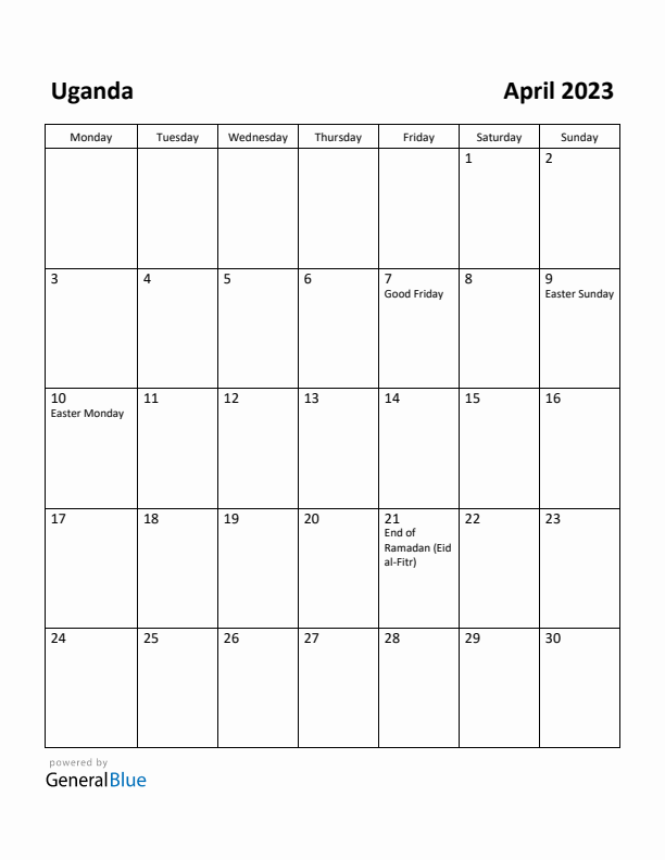 April 2023 Calendar with Uganda Holidays