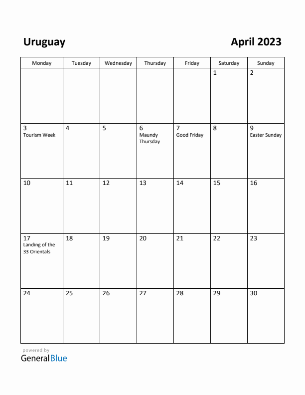 April 2023 Calendar with Uruguay Holidays