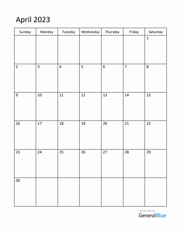 Sunday Start Calendar for April 2023