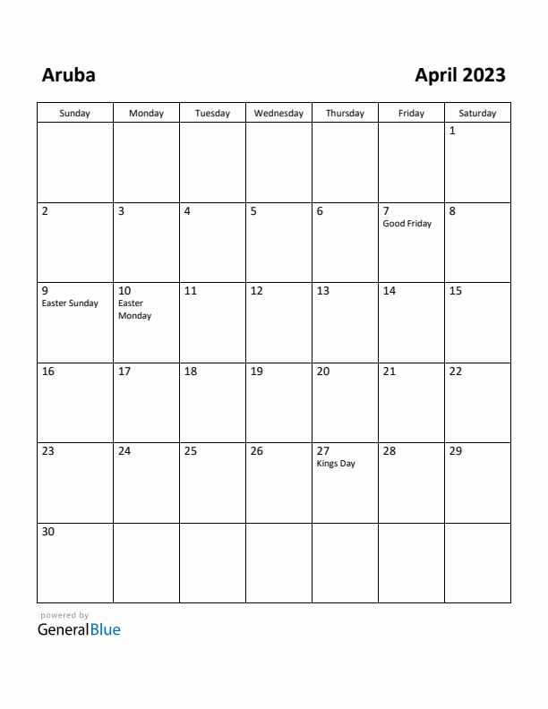 April 2023 Calendar with Aruba Holidays