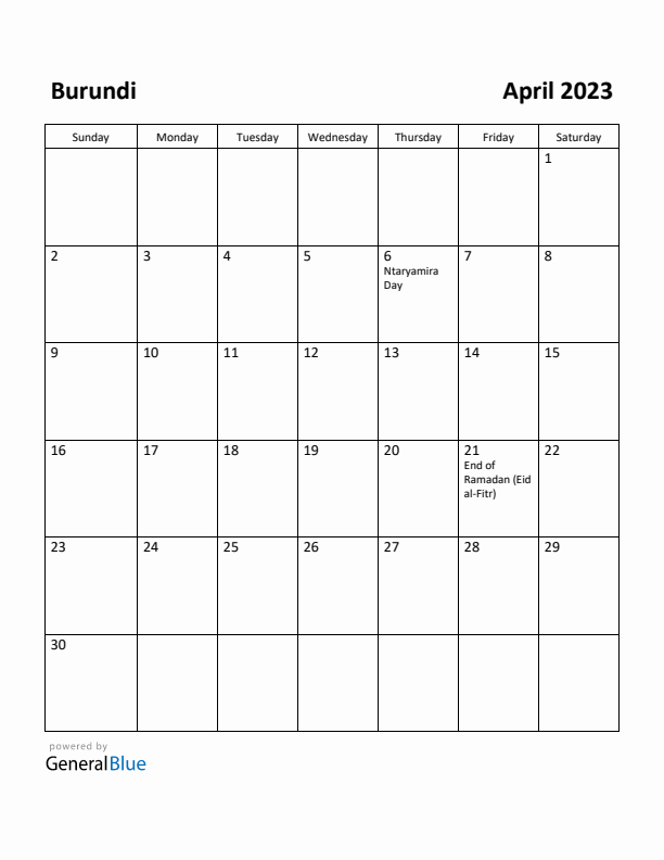 April 2023 Calendar with Burundi Holidays