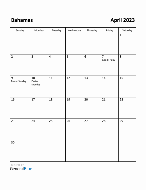 April 2023 Calendar with Bahamas Holidays