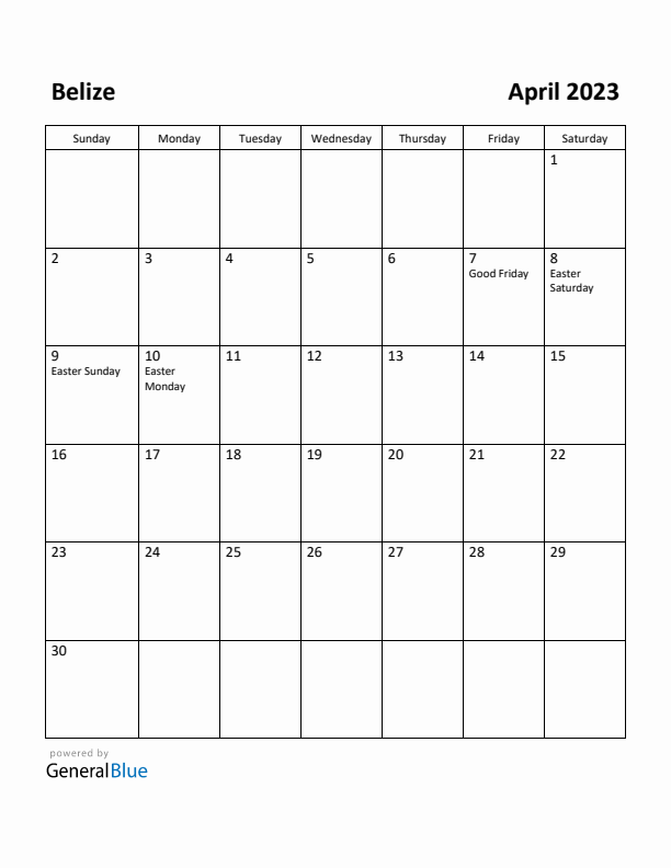 April 2023 Calendar with Belize Holidays