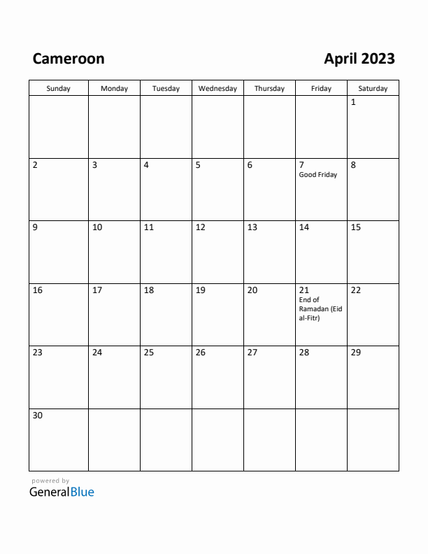 April 2023 Calendar with Cameroon Holidays