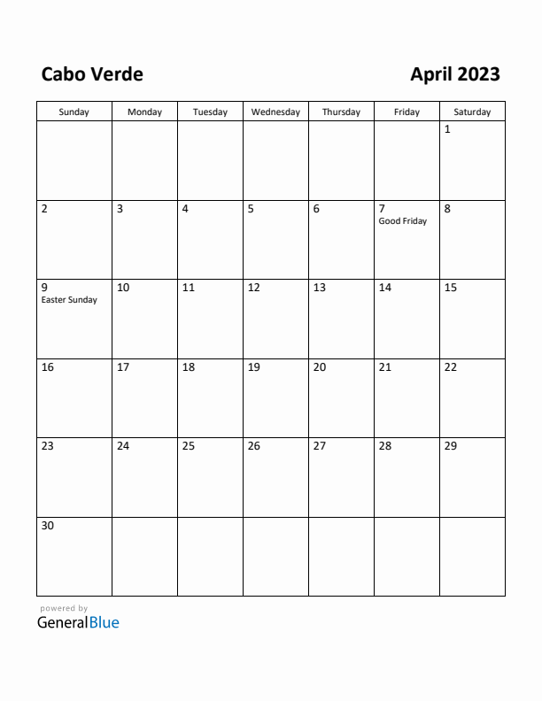 April 2023 Calendar with Cabo Verde Holidays