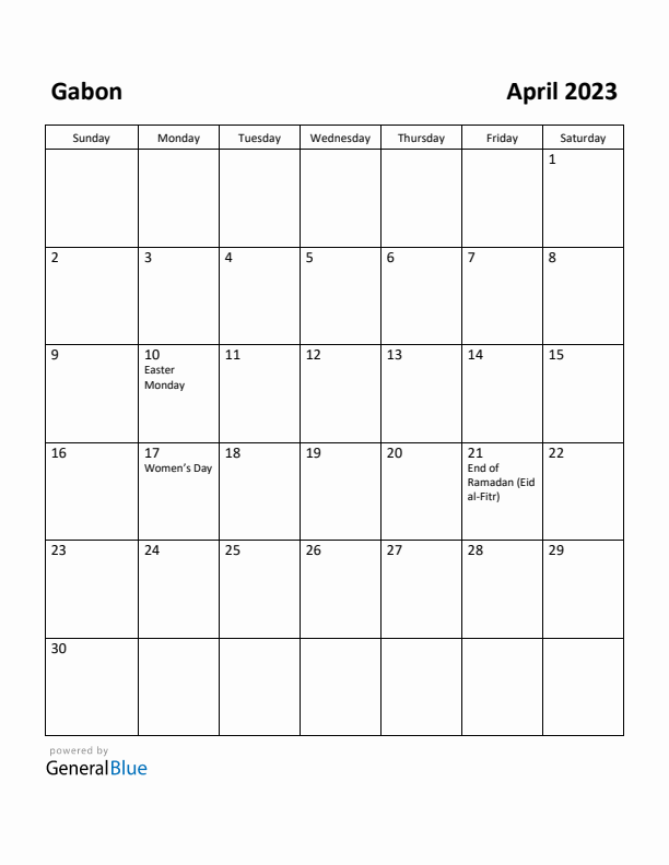 April 2023 Calendar with Gabon Holidays