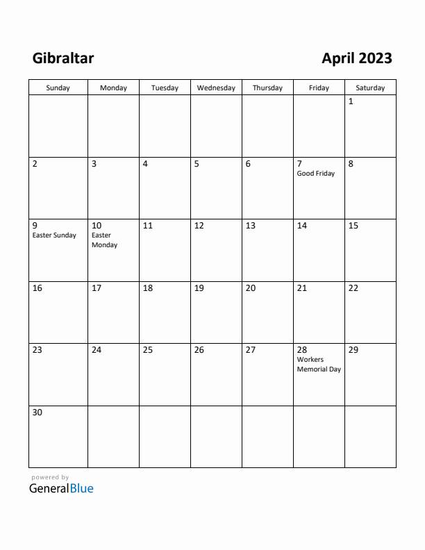 April 2023 Calendar with Gibraltar Holidays