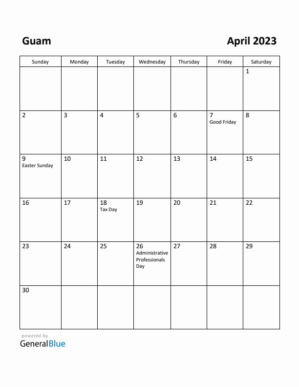 April 2023 Calendar with Guam Holidays