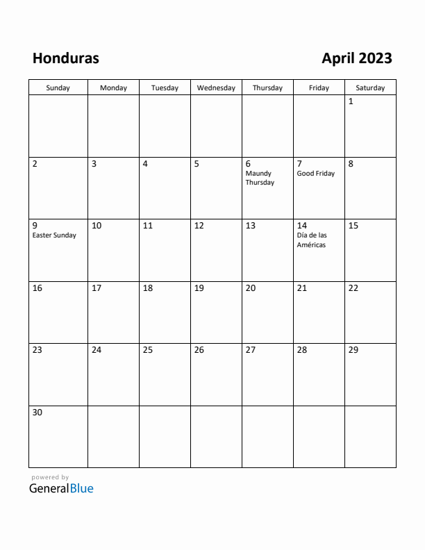 April 2023 Calendar with Honduras Holidays
