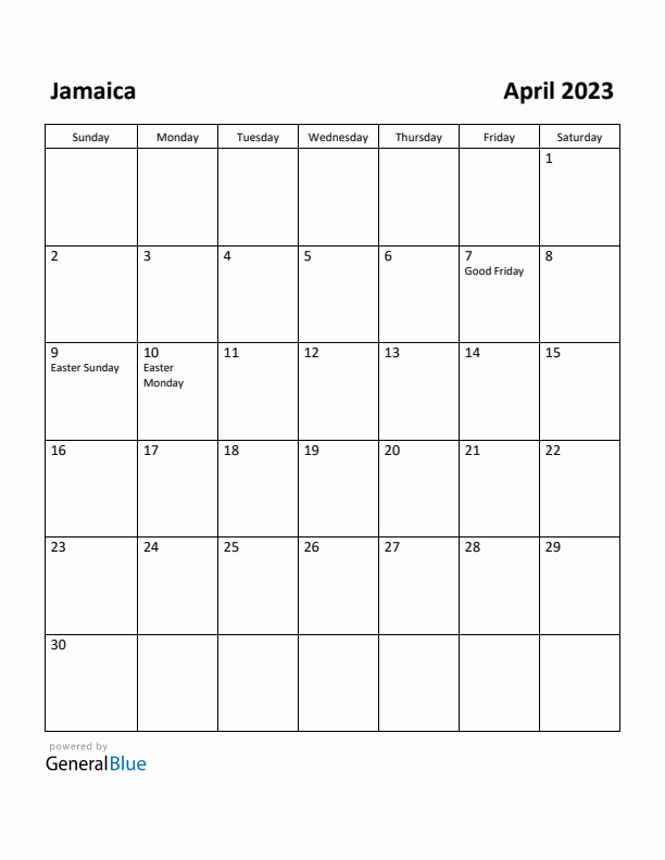 April 2023 Calendar with Jamaica Holidays