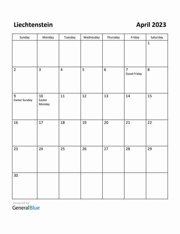 April 2023 Calendar with Liechtenstein Holidays