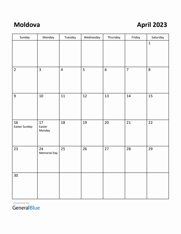 April 2023 Calendar with Moldova Holidays