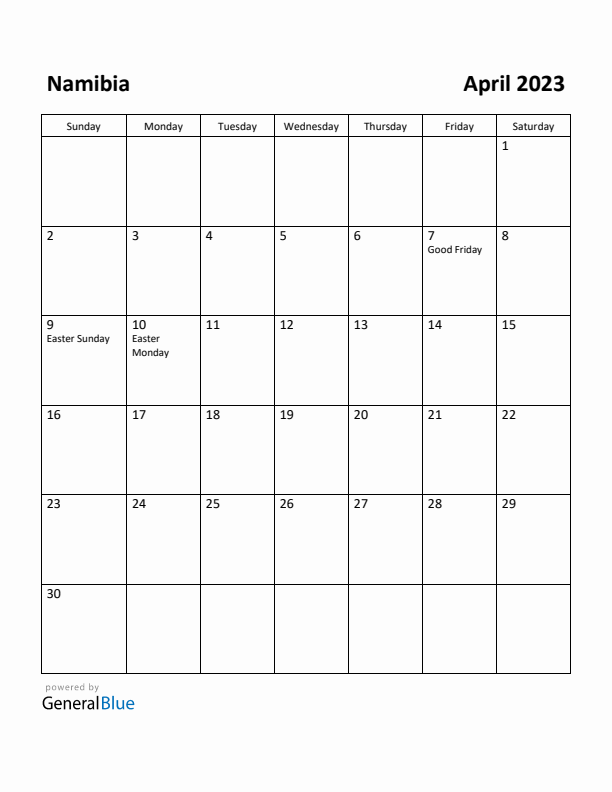 April 2023 Calendar with Namibia Holidays