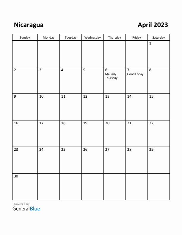 April 2023 Calendar with Nicaragua Holidays