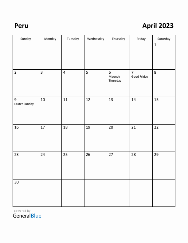 April 2023 Calendar with Peru Holidays