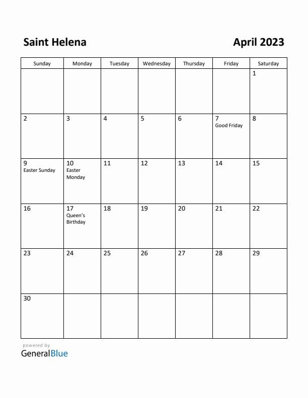 April 2023 Calendar with Saint Helena Holidays