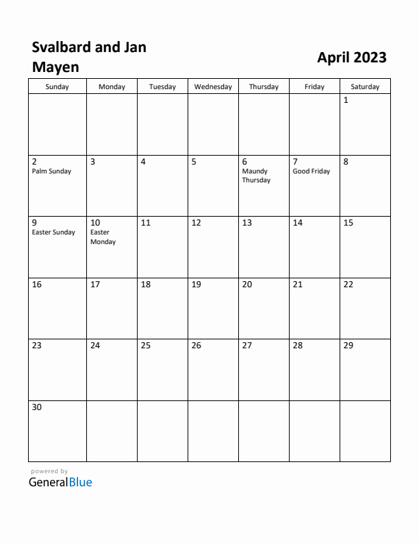 April 2023 Calendar with Svalbard and Jan Mayen Holidays