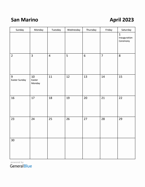 April 2023 Calendar with San Marino Holidays