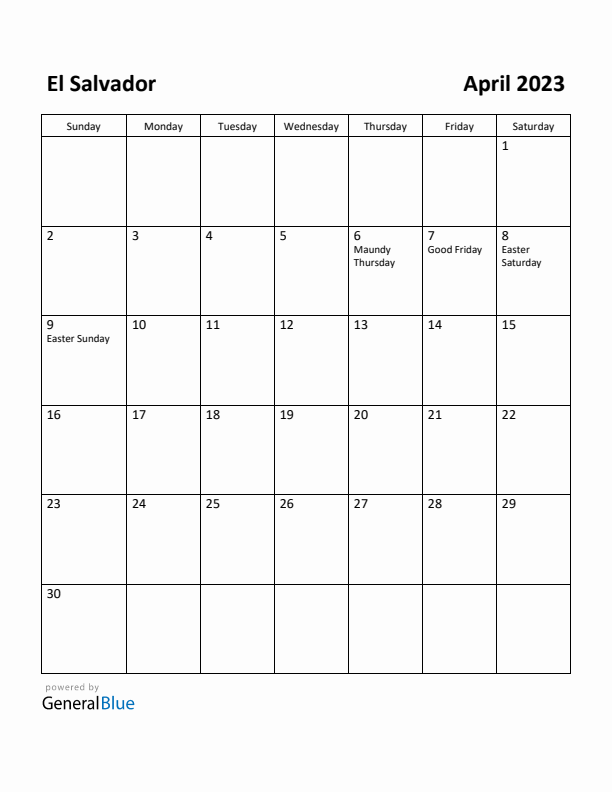 April 2023 Calendar with El Salvador Holidays