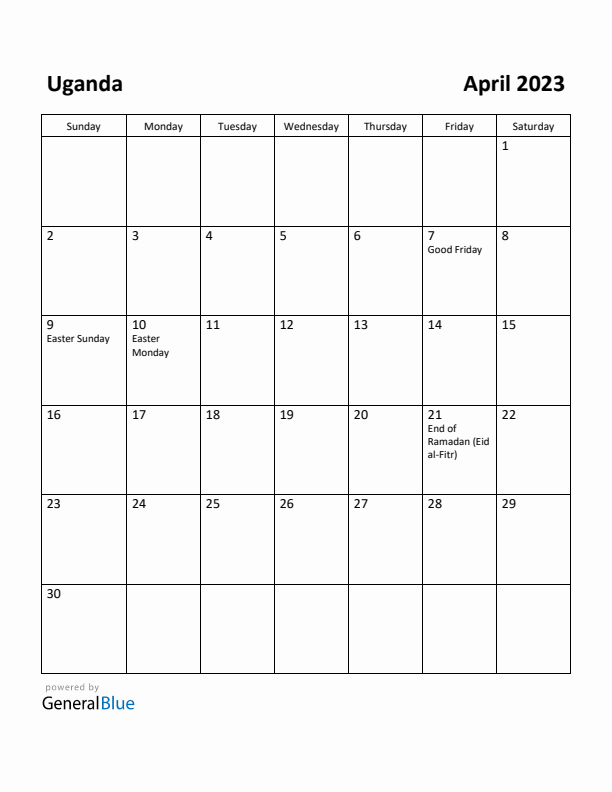 April 2023 Calendar with Uganda Holidays