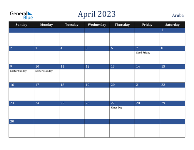 April 2023 Calendar with Aruba Holidays