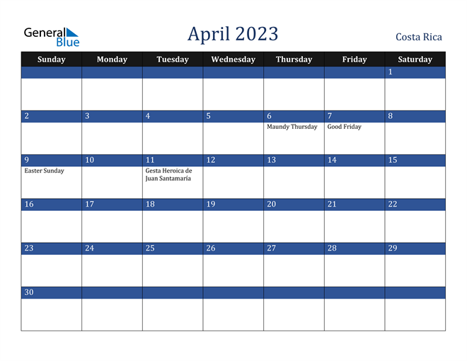 April 2023 Costa Rica Calendar