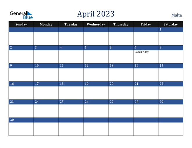 April 2023 Calendar with Malta Holidays