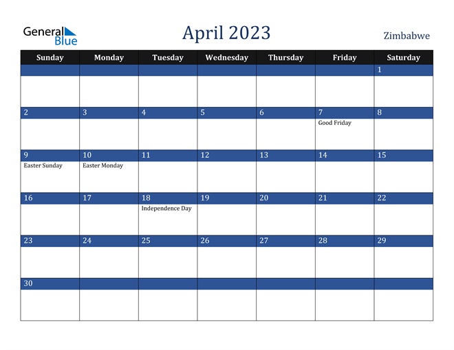 April 2023 Calendar with Zimbabwe Holidays