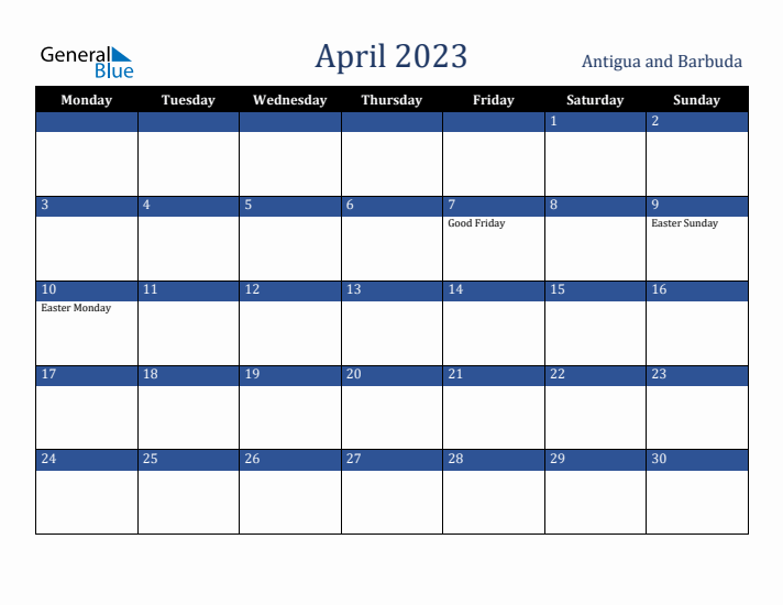 April 2023 Antigua and Barbuda Calendar (Monday Start)