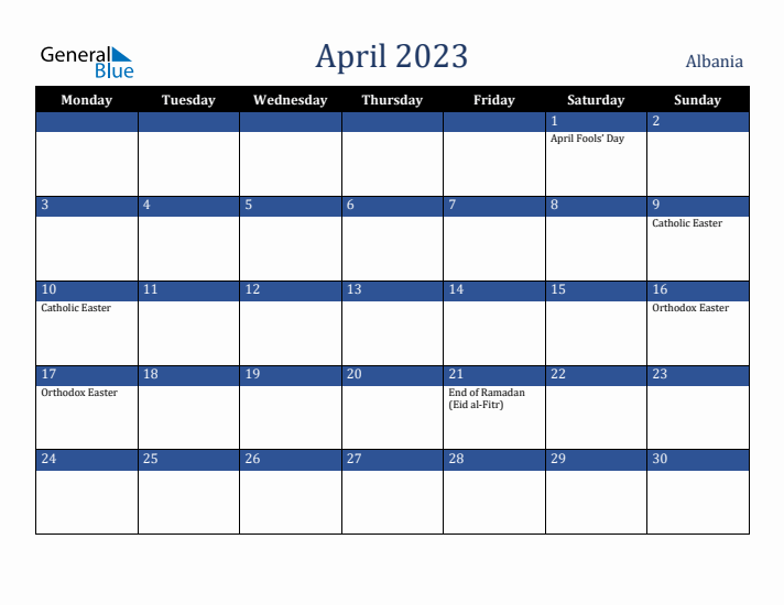 April 2023 Albania Calendar (Monday Start)