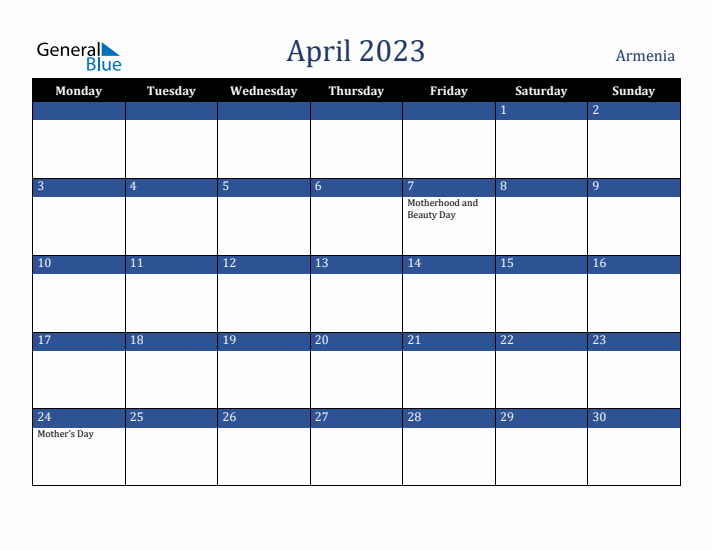 April 2023 Armenia Calendar (Monday Start)
