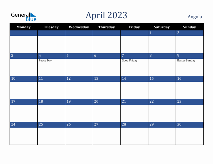 April 2023 Angola Calendar (Monday Start)