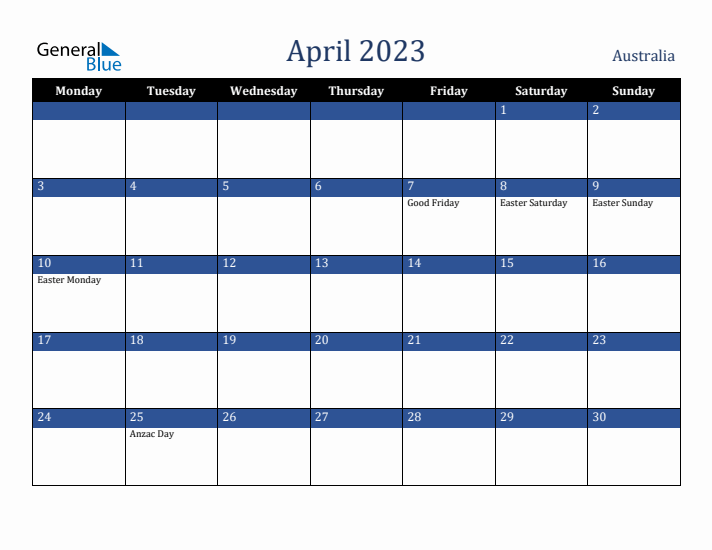 April 2023 Australia Calendar (Monday Start)