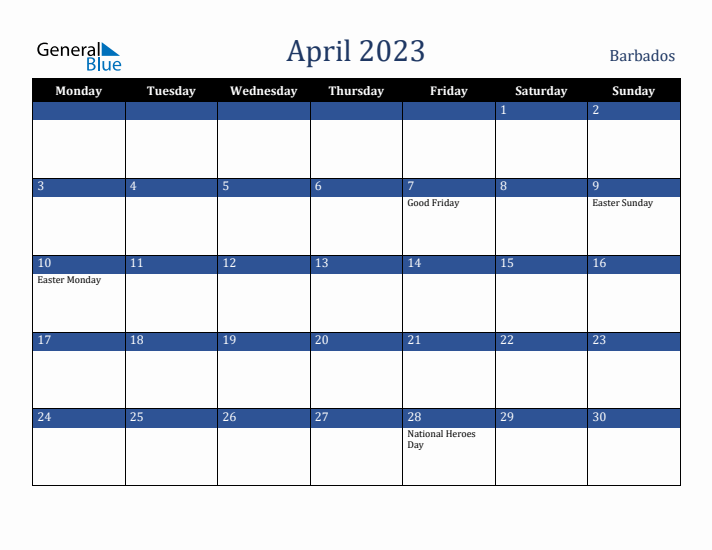 April 2023 Barbados Calendar (Monday Start)