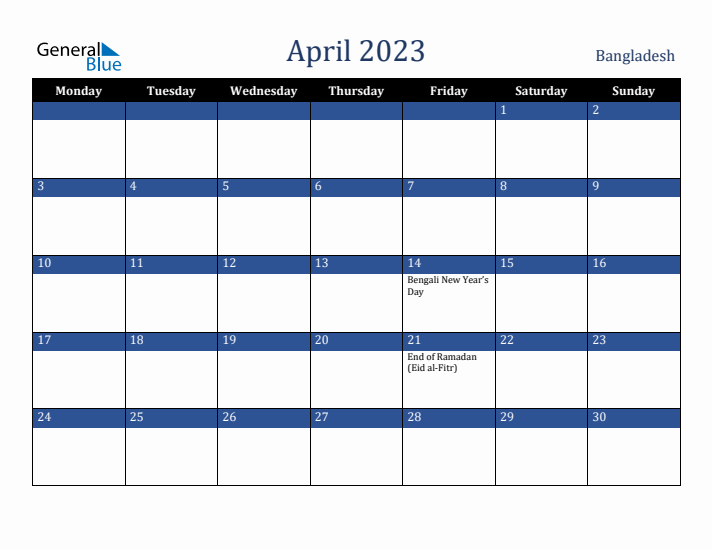 April 2023 Bangladesh Calendar (Monday Start)