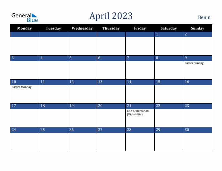 April 2023 Benin Calendar (Monday Start)
