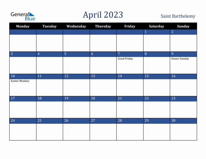 April 2023 Saint Barthelemy Calendar (Monday Start)