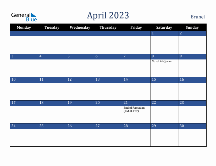 April 2023 Brunei Calendar (Monday Start)