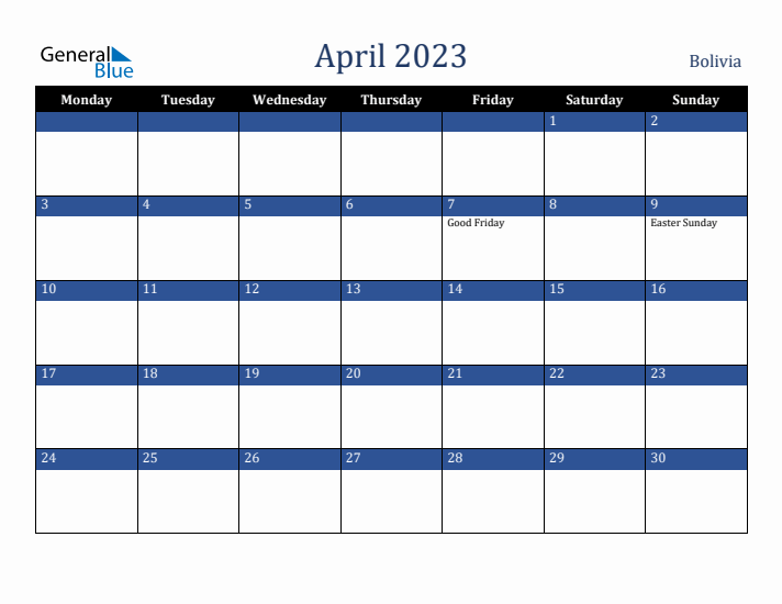April 2023 Bolivia Calendar (Monday Start)
