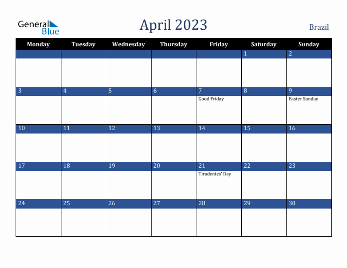 April 2023 Brazil Calendar (Monday Start)