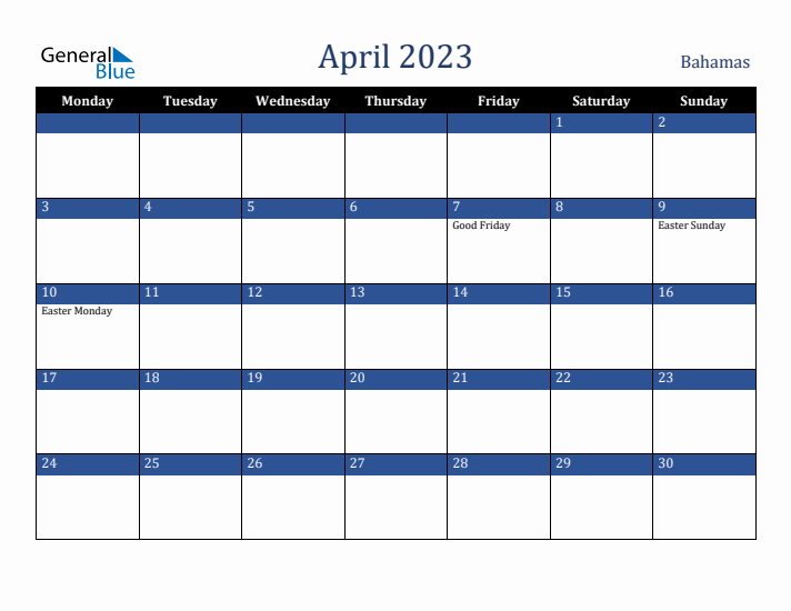 April 2023 Bahamas Calendar (Monday Start)